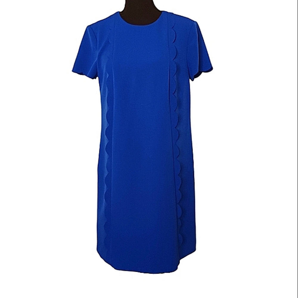 Tahari Arthur S Levine Scallop Trim Shift Dress Women's Sz 6 Royal Blue Stretch